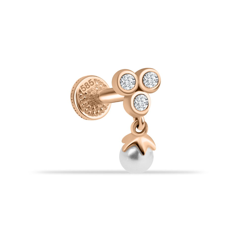 14 Ayar Altın 3 Taşlı İnci Sallantılı Minimal Tragus Piercing - Dianora Piercing Jewelry