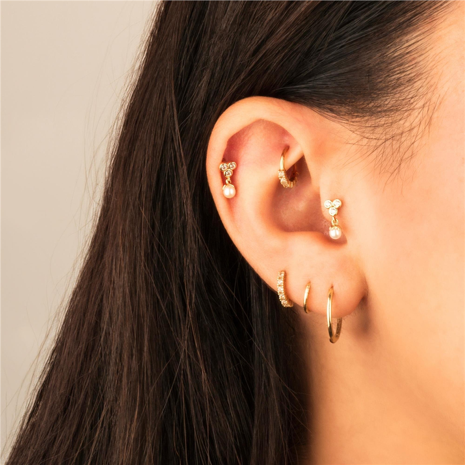 14 Ayar Altın 3 Taşlı İnci Sallantılı Minimal Tragus Piercing - Dianora Piercing Jewelry