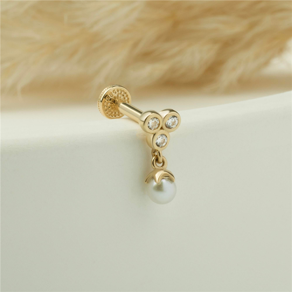 14 Ayar Altın 3 Taşlı İnci Sallantılı Minimal Tragus Piercing - Dianora Piercing Jewelry