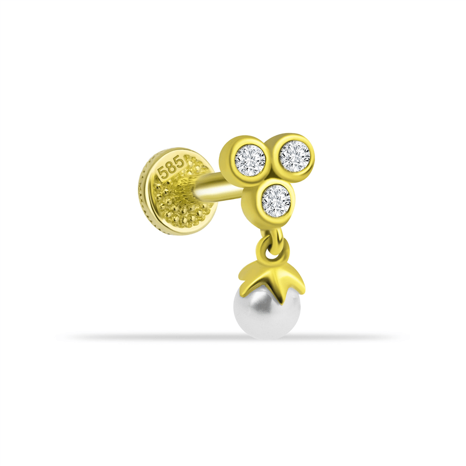 14 Ayar Altın 3 Taşlı İnci Sallantılı Minimal Tragus Piercing - Dianora Piercing Jewelry