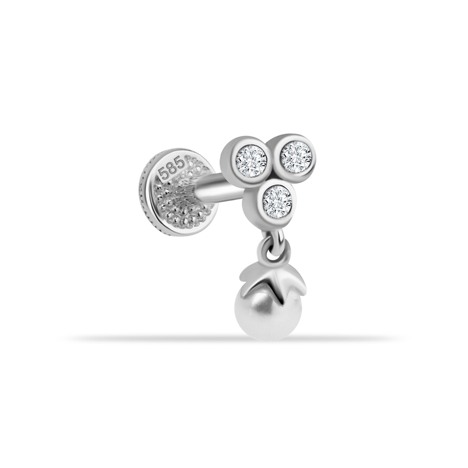 14 Ayar Altın 3 Taşlı İnci Sallantılı Minimal Tragus Piercing - Dianora Piercing Jewelry