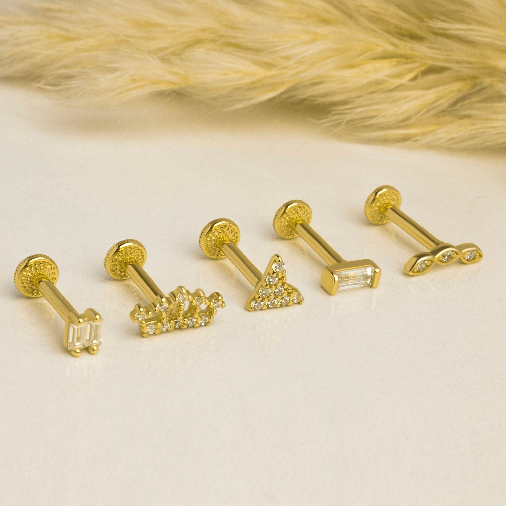 14 Ayar Altın 3 Taşlı Minimal Tragus Piercing