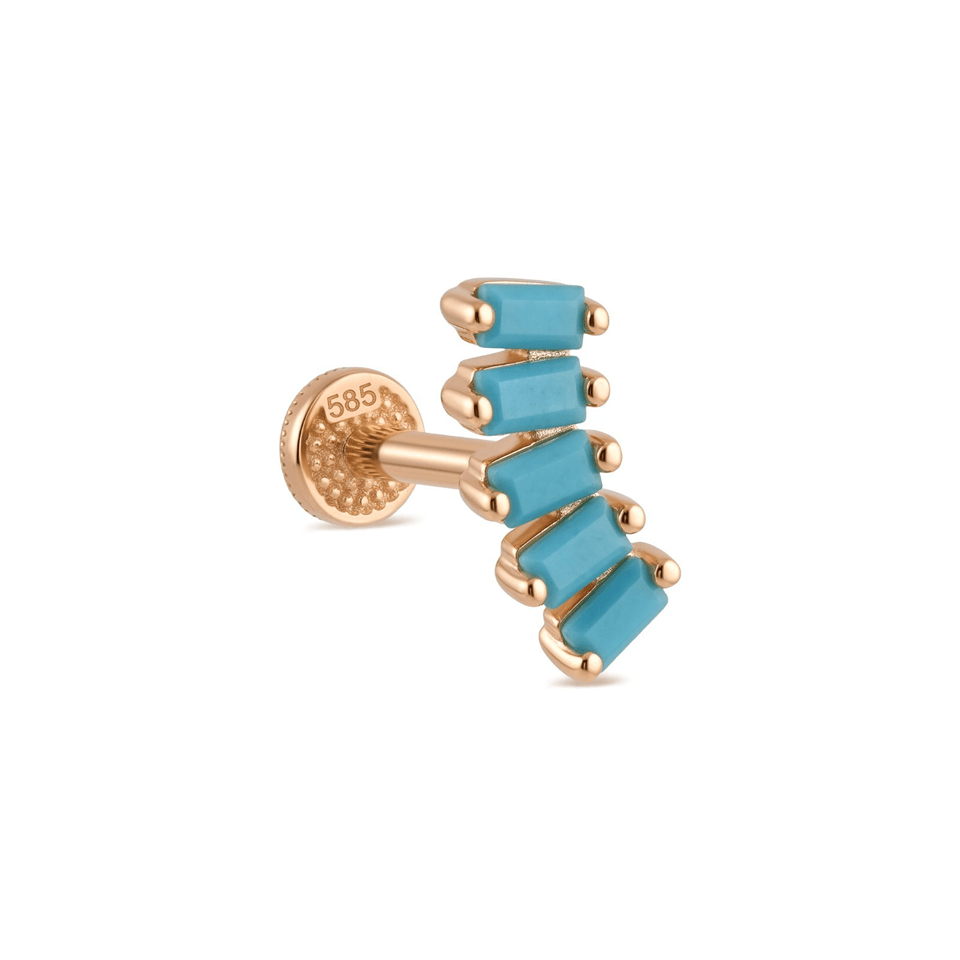 14 Ayar Altın 5 Firuze Rengi Baget Taşlı Minimal Tragus Piercing - Dianora Piercing Jewelry