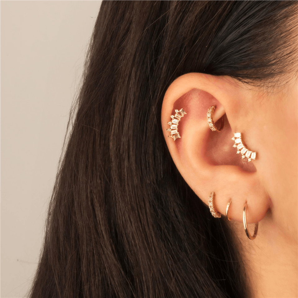 14 Ayar Altın 6 Baget Taşlı Minimal Tragus Piercing - Dianora Piercing Jewelry