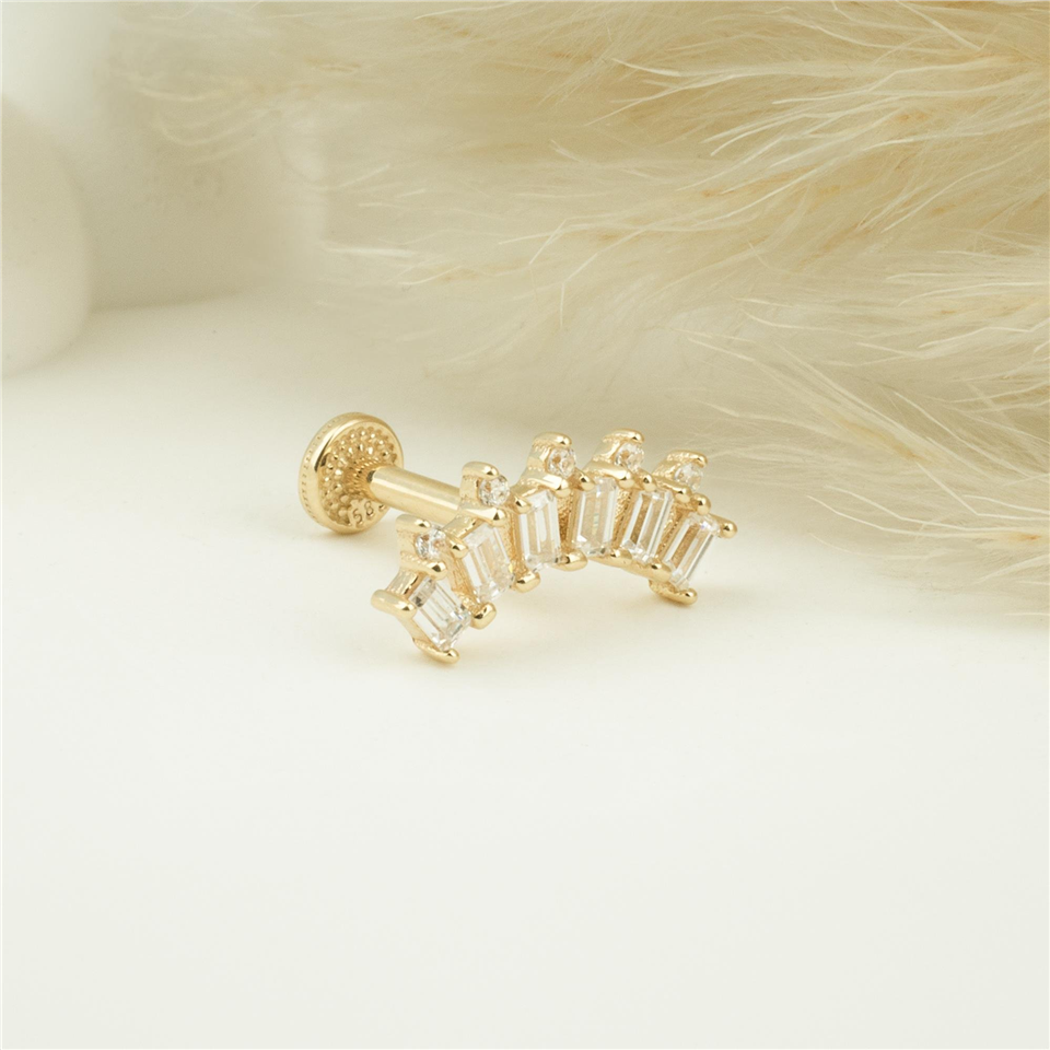 14 Ayar Altın 6 Baget Taşlı Minimal Tragus Piercing - Dianora Piercing Jewelry