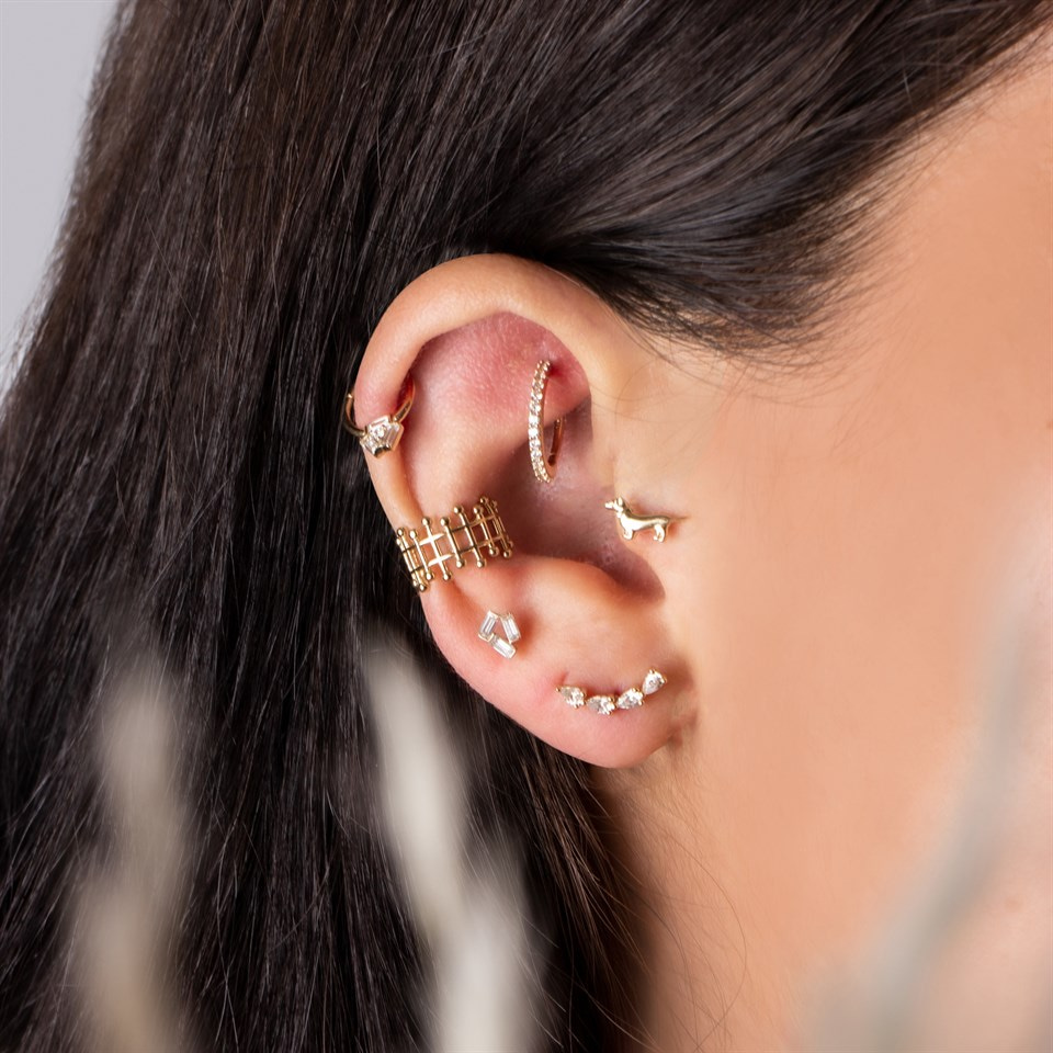 14 Ayar Altın Alttan Taşlı Halka Piercing - Dianora Piercing