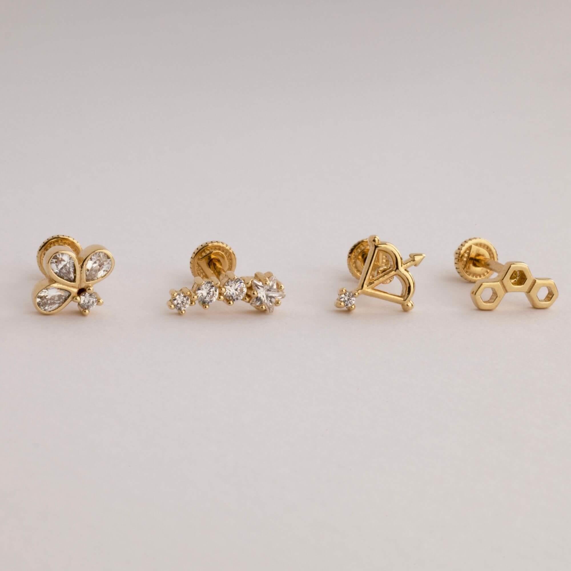 14 Ayar Altın Baget Taşlı Daire Minimal Helix Kıkırdak Piercing - Dianora Piercing