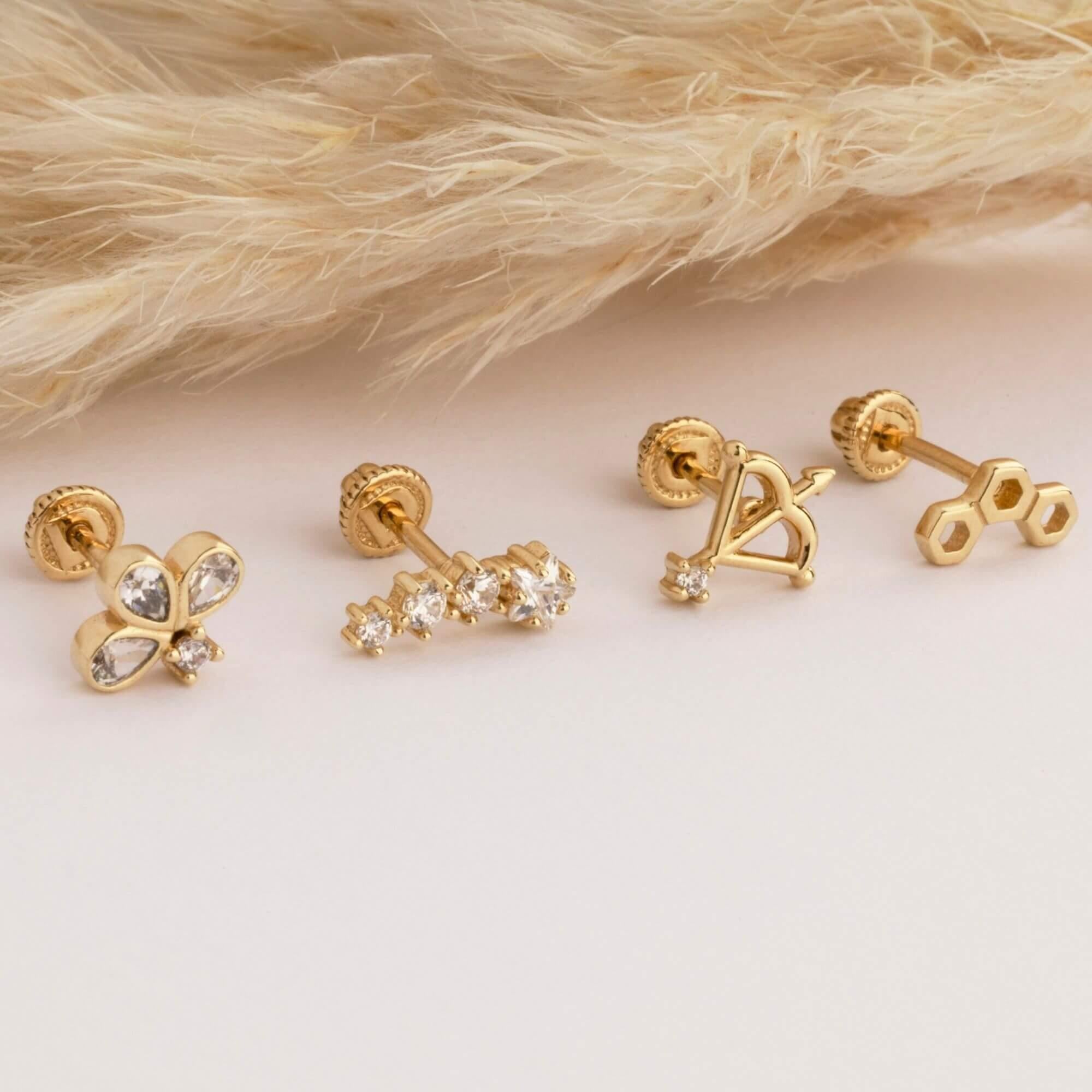 14 Ayar Altın Baget Taşlı Daire Minimal Helix Kıkırdak Piercing - Dianora Piercing
