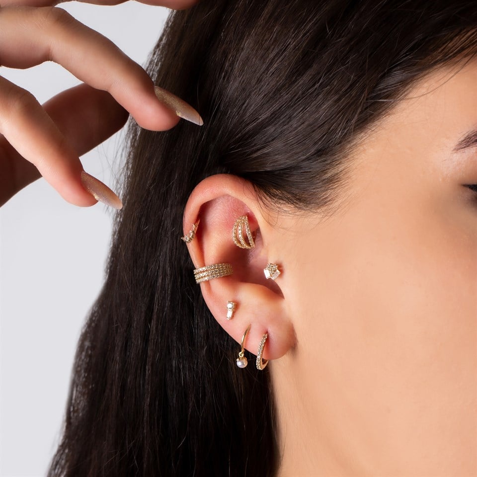 14 Ayar Altın Baget Taşlı Minimal Tragus Piercing