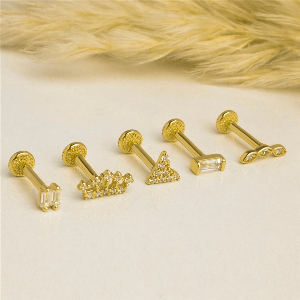 14 Ayar Altın Baget Taşlı Minimal Tragus Piercing - Dianora Piercing Jewelry