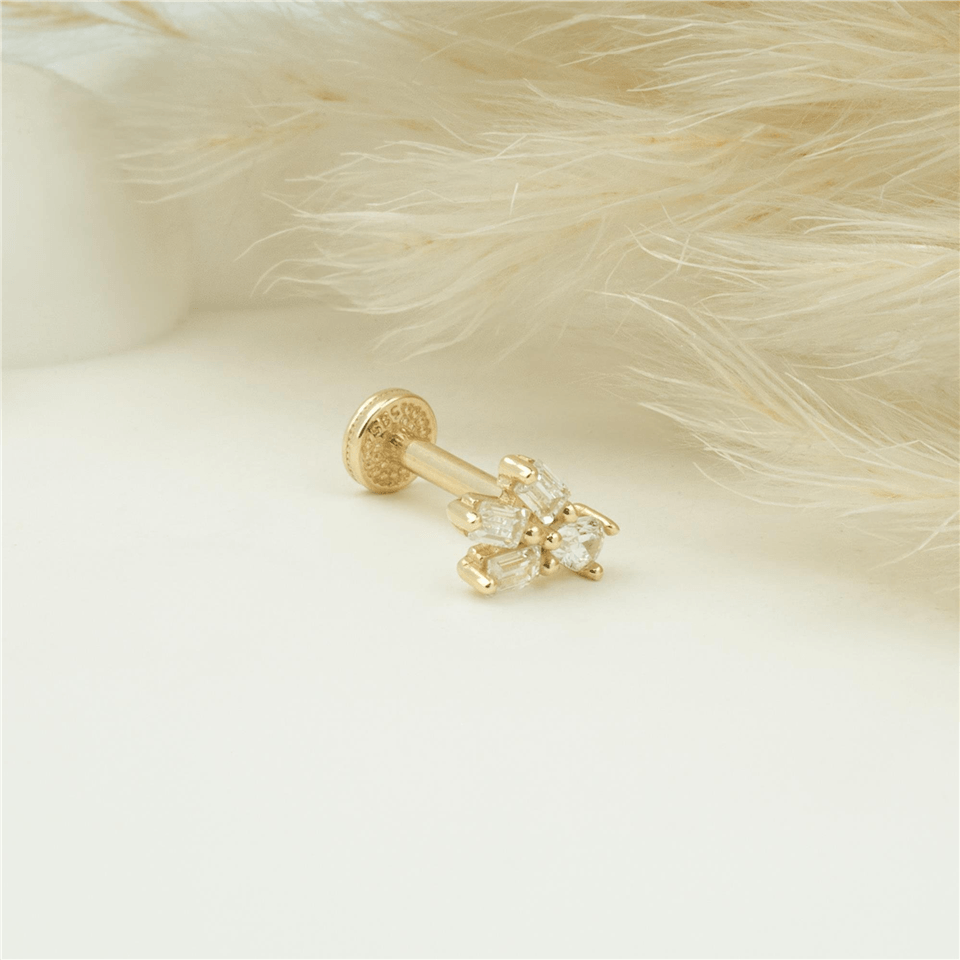 14 Ayar Altın Baget Taşlı Motifli Minimal Tragus Piercing - Dianora Piercing Jewelry