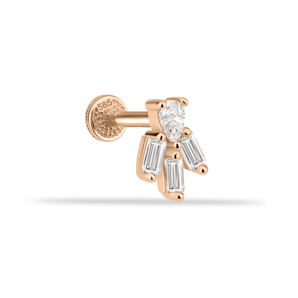 14 Ayar Altın Baget Taşlı Motifli Minimal Tragus Piercing - Dianora Piercing Jewelry