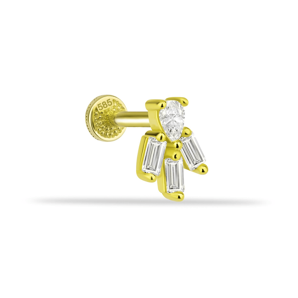 14 Ayar Altın Baget Taşlı Motifli Minimal Tragus Piercing - Dianora Piercing Jewelry