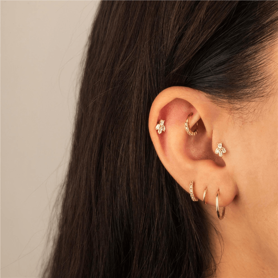 14 Ayar Altın Baget Taşlı Motifli Minimal Tragus Piercing - Dianora Piercing Jewelry