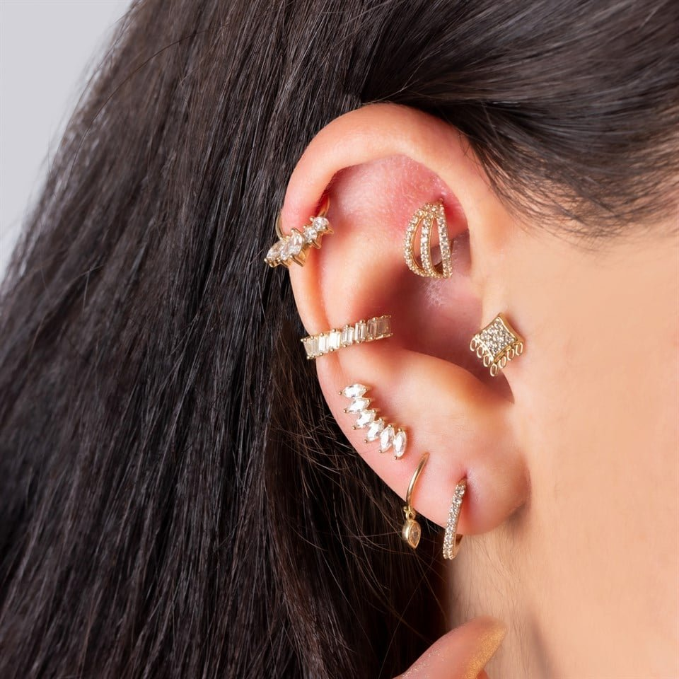 14 Ayar Altın Beş Markiz Taşlı Halka Piercing - Dianora Piercing Jewelry