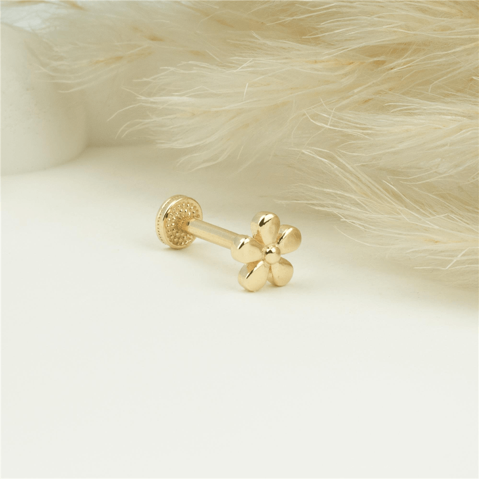 14 Ayar Altın Çiçek Motifli Minimal Tragus Piercing - Dianora Piercing Jewelry