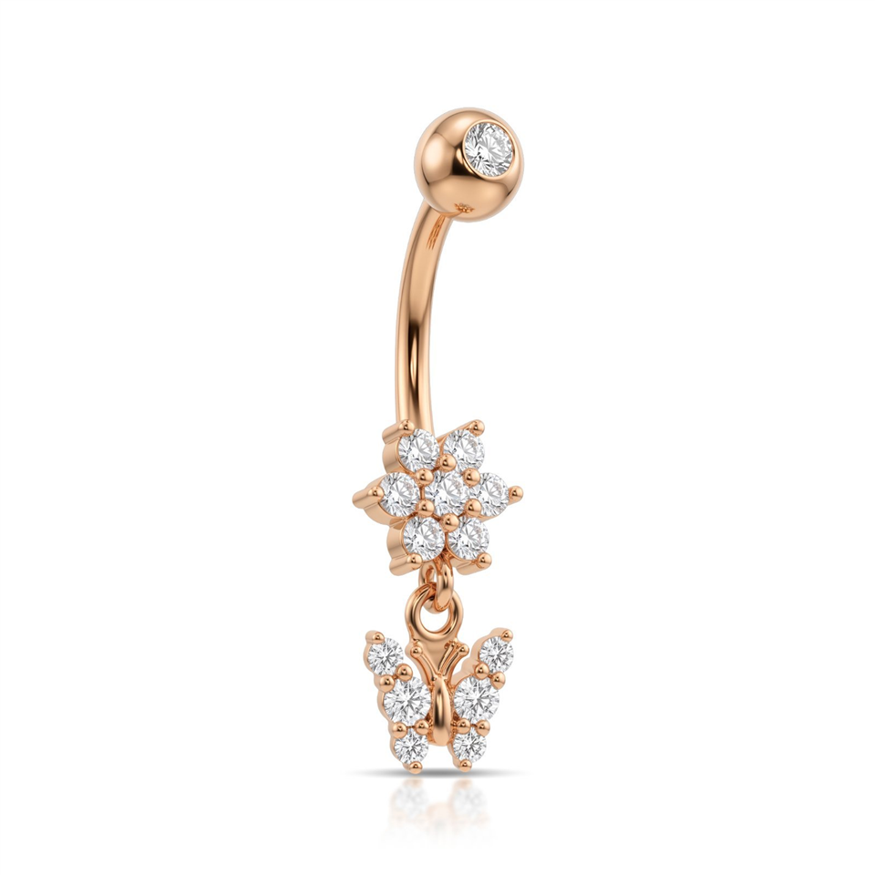 14 Ayar Altın Çiçek ve Kelebek Sallantılı Göbek Piercing - Dianora Piercing Jewelry