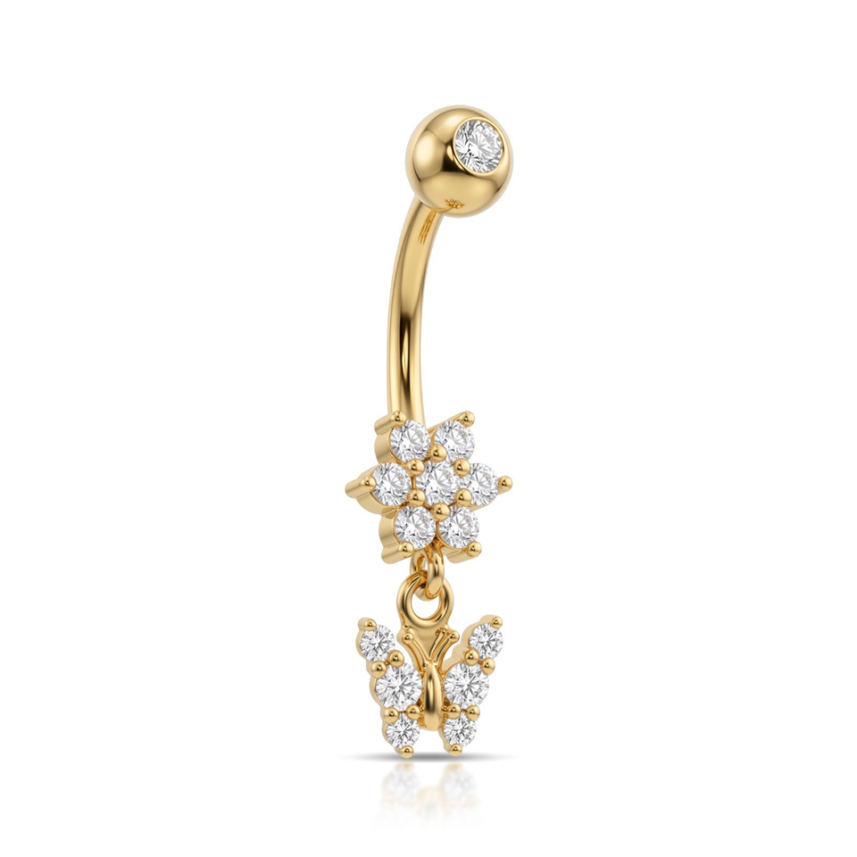 14 Ayar Altın Çiçek ve Kelebek Sallantılı Göbek Piercing - Dianora Piercing Jewelry