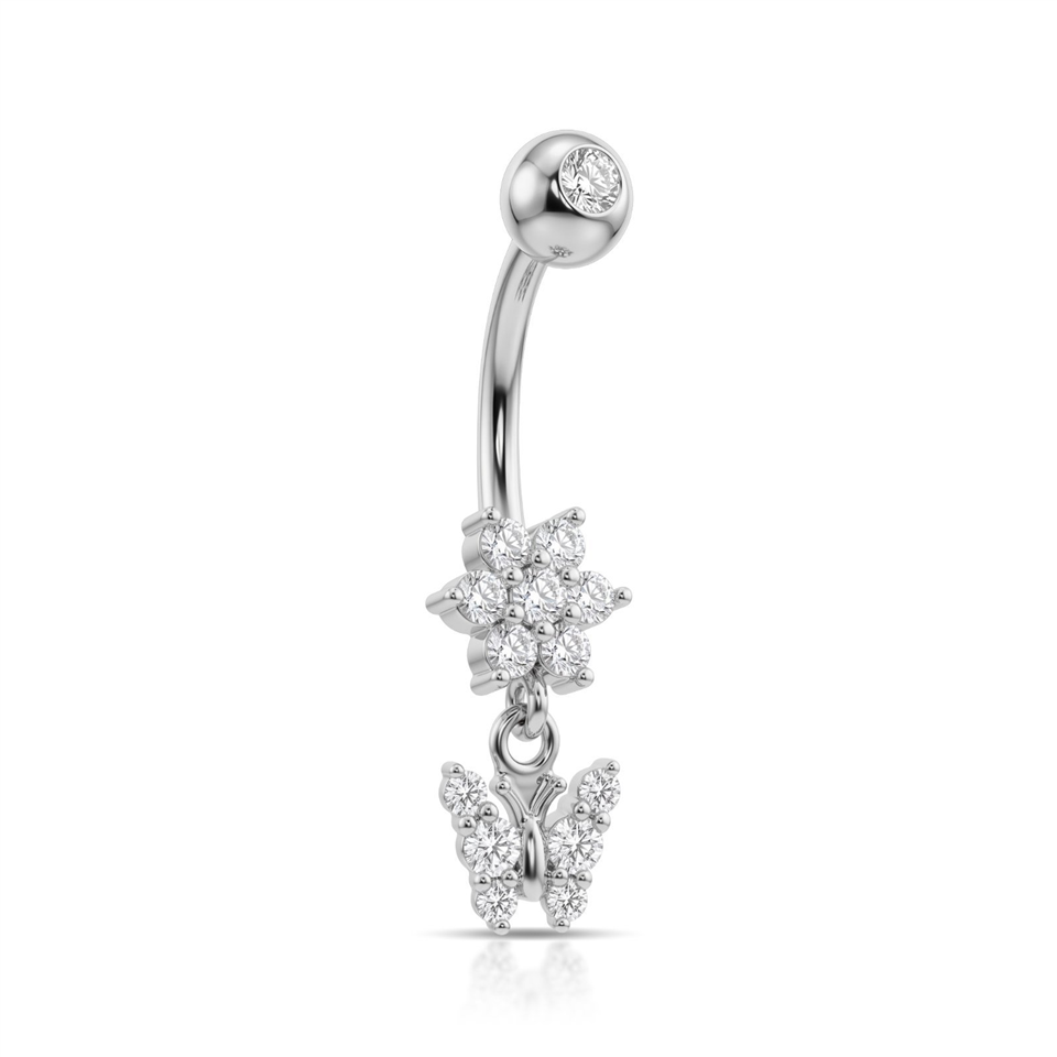 14 Ayar Altın Çiçek ve Kelebek Sallantılı Göbek Piercing - Dianora Piercing Jewelry