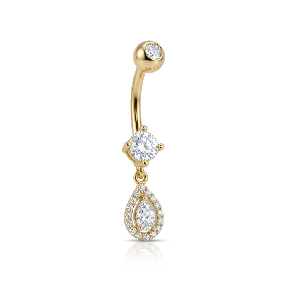 14 Ayar Altın Damla Taş Sallantılı Göbek Piercing - Dianora Piercing Jewelry