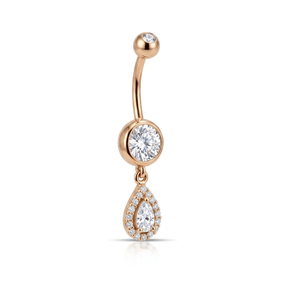 14 Ayar Altın Damla Taş Sallantılı Göbek Piercing - Dianora Piercing Jewelry