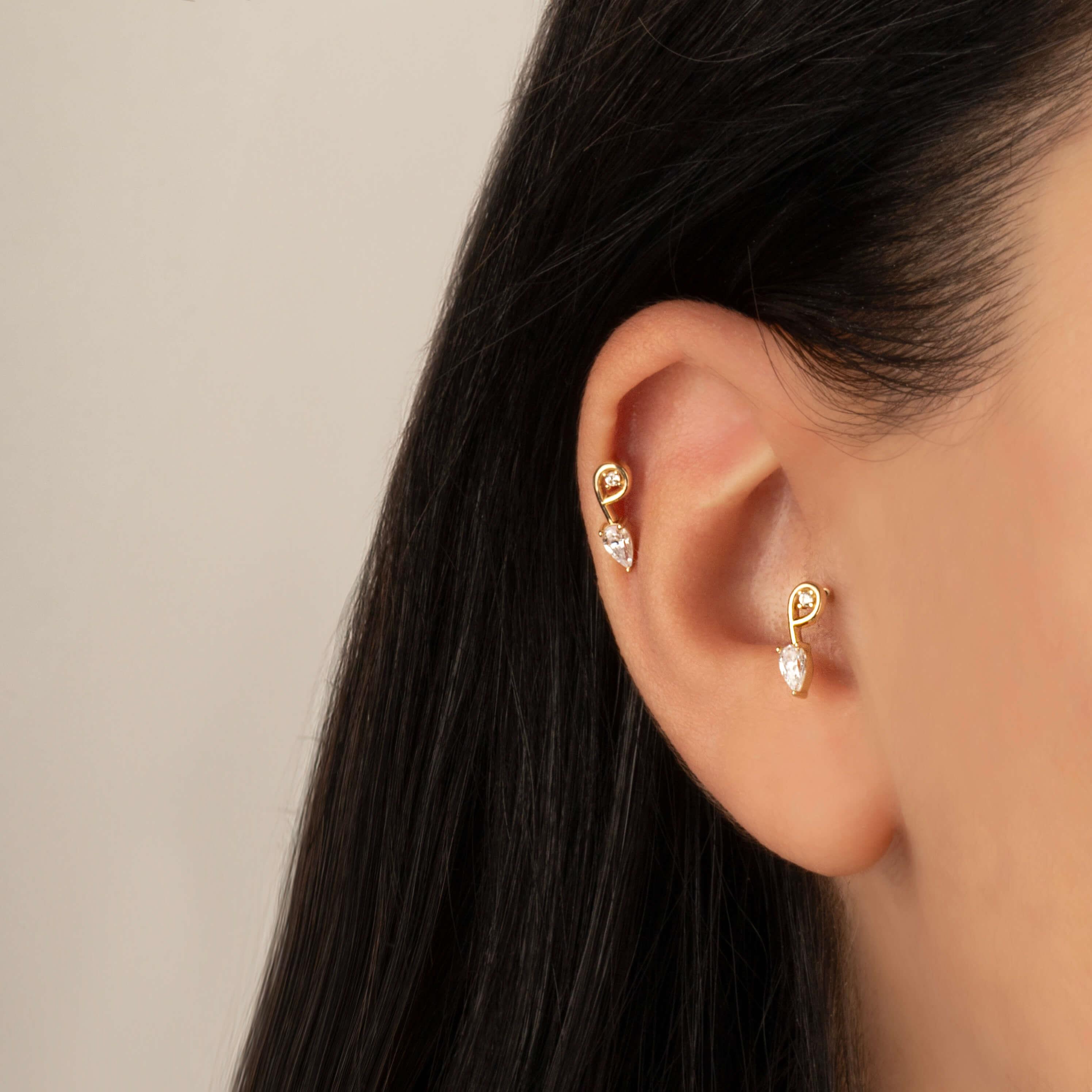 14 Ayar Altın Damla Taş Sallantılı Helix Kıkırdak Piercing - Dianora Piercing