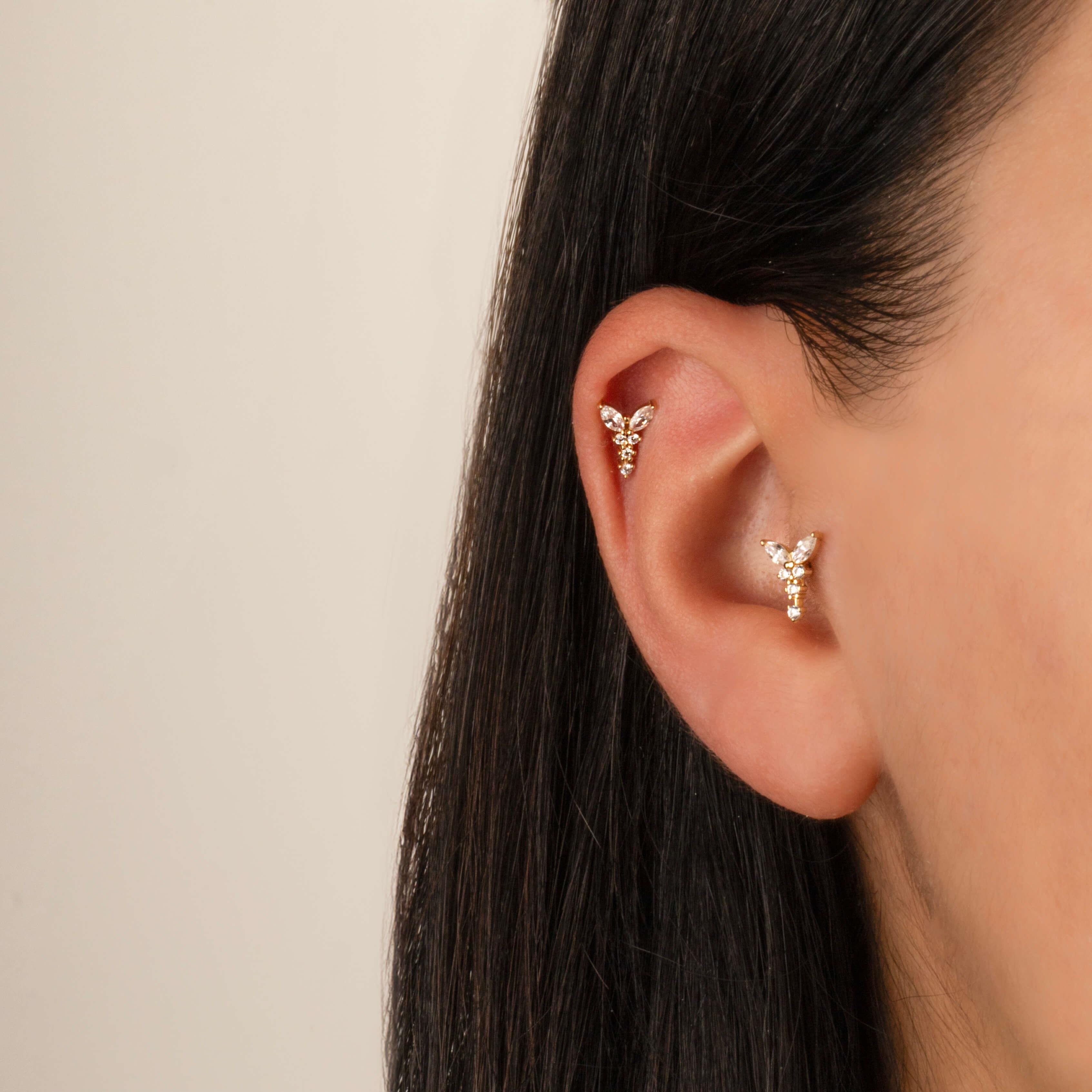 14 Ayar Altın Damla Taş Sallantılı Helix Kıkırdak Piercing - Dianora Piercing