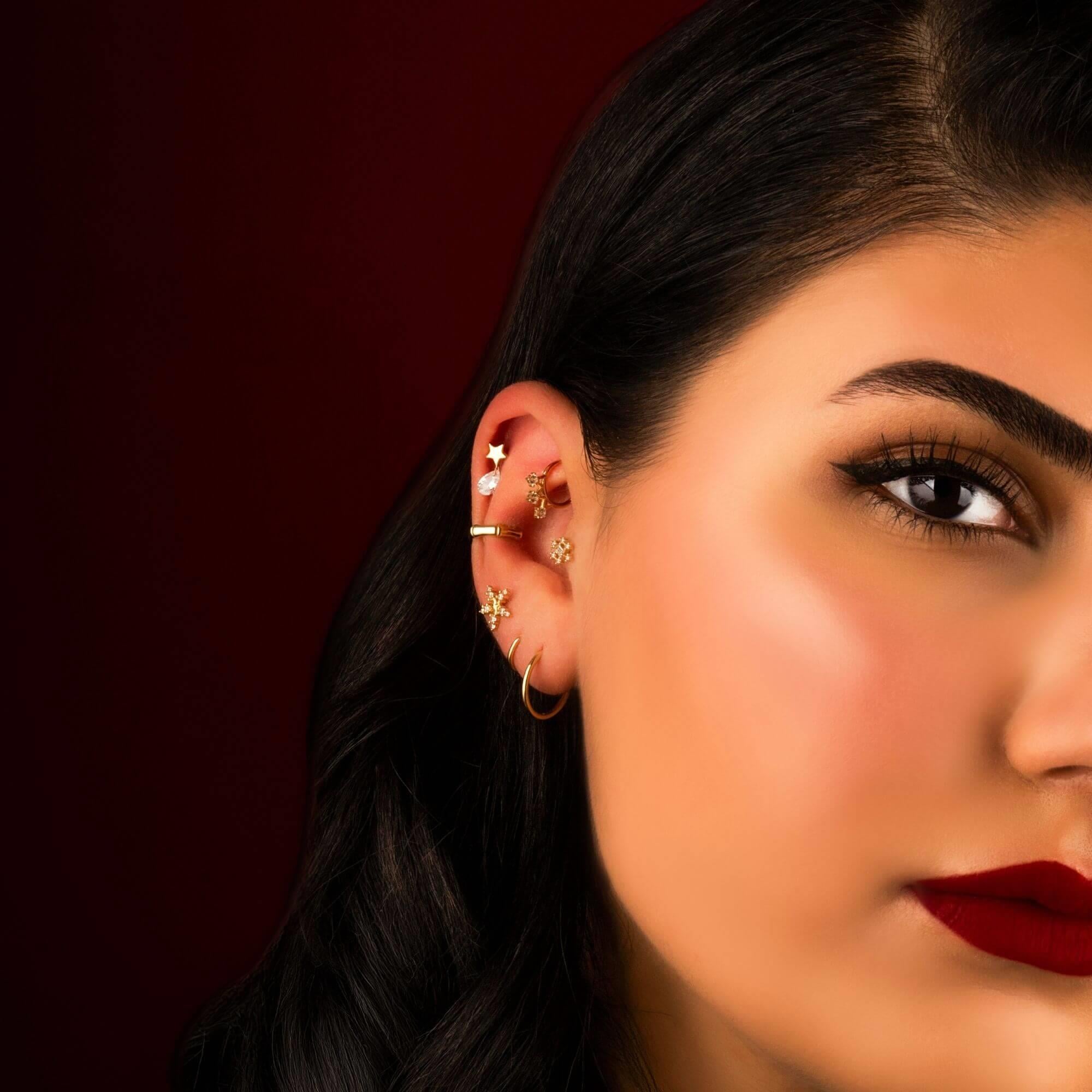 14 Ayar Altın Damla Taş Sallantılı Helix Kıkırdak Piercing - Dianora Piercing