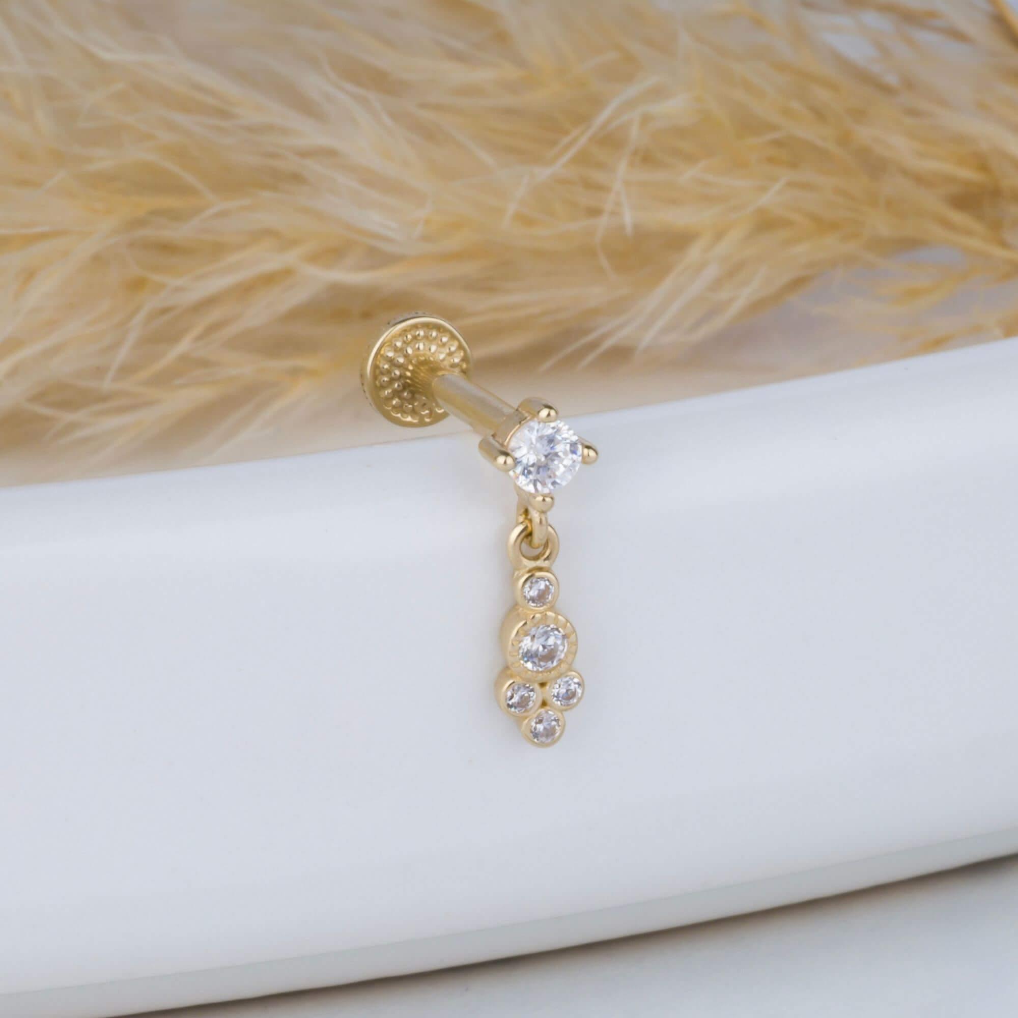 14 Ayar Altın Damla Taş Sallantılı Minimal Tragus Piercing - Dianora Piercing