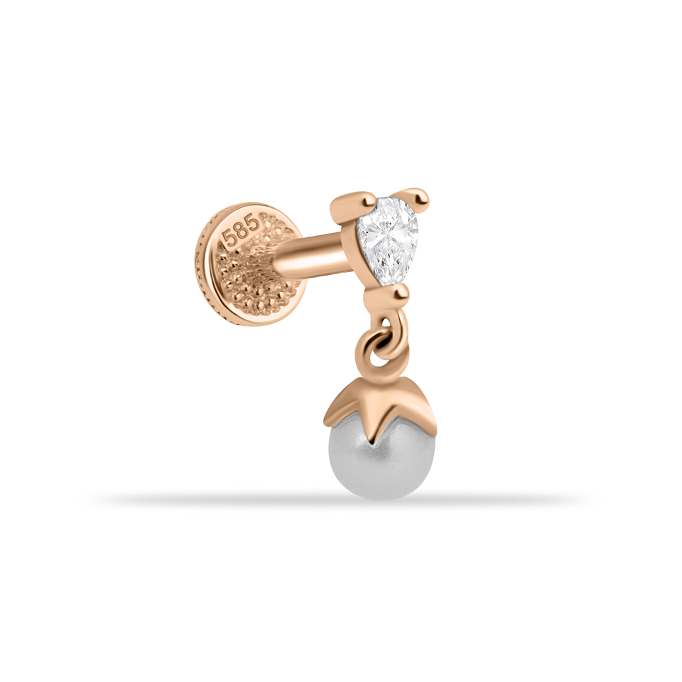 14 Ayar Altın Damla Taşlı İnci Sallantılı Minimal Tragus Piercing - Dianora Piercing Jewelry
