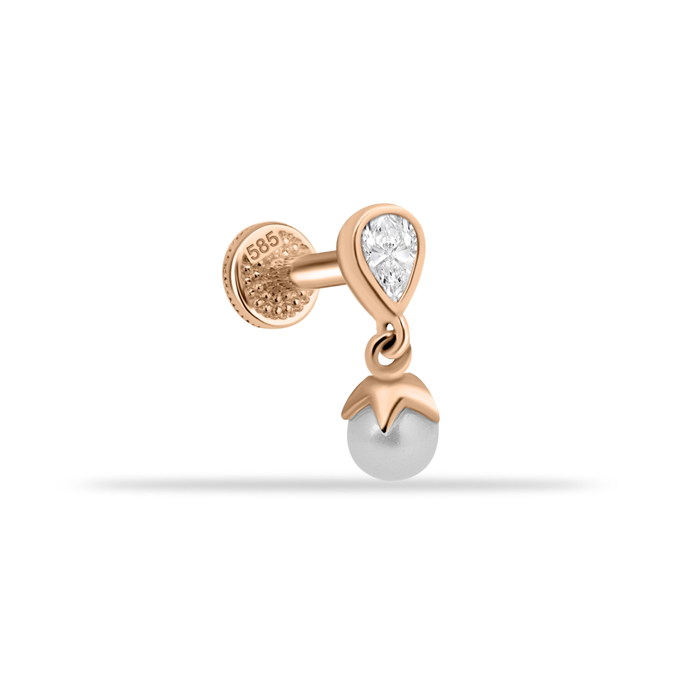 14 Ayar Altın Damla Taşlı İnci Sallantılı Minimal Tragus Piercing - Dianora Piercing Jewelry