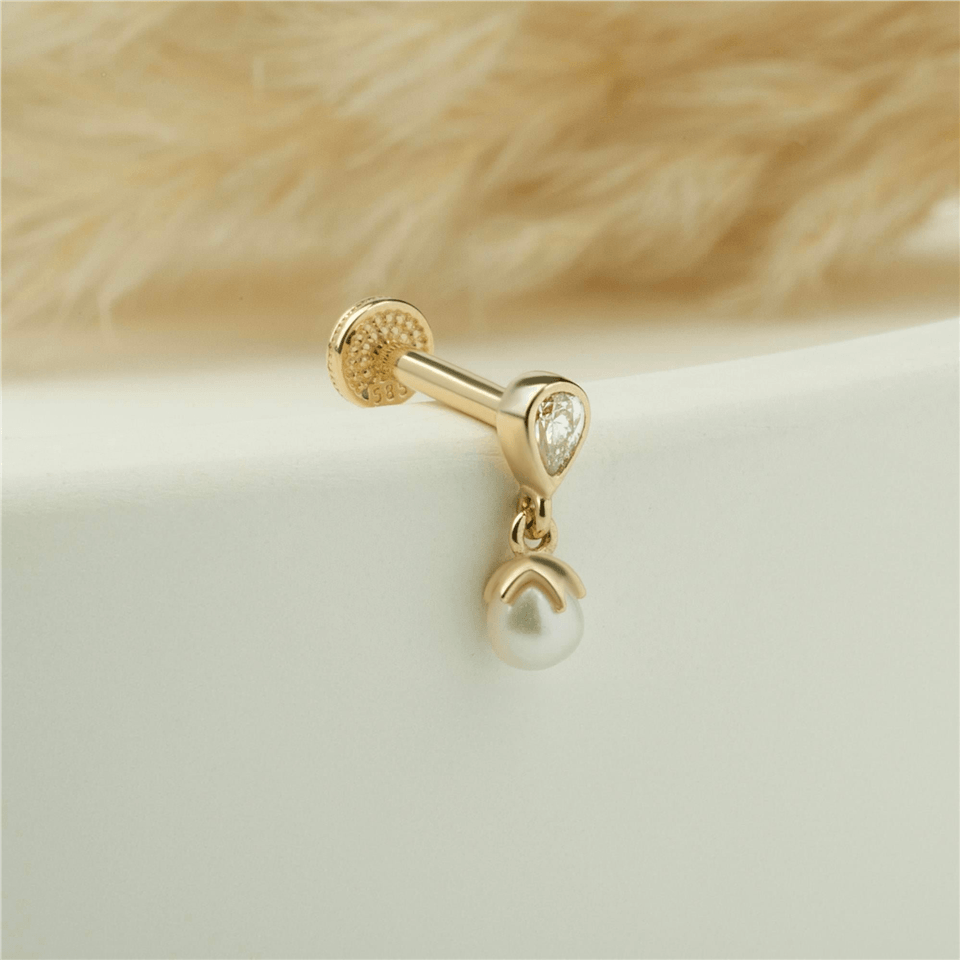 14 Ayar Altın Damla Taşlı İnci Sallantılı Minimal Tragus Piercing - Dianora Piercing Jewelry
