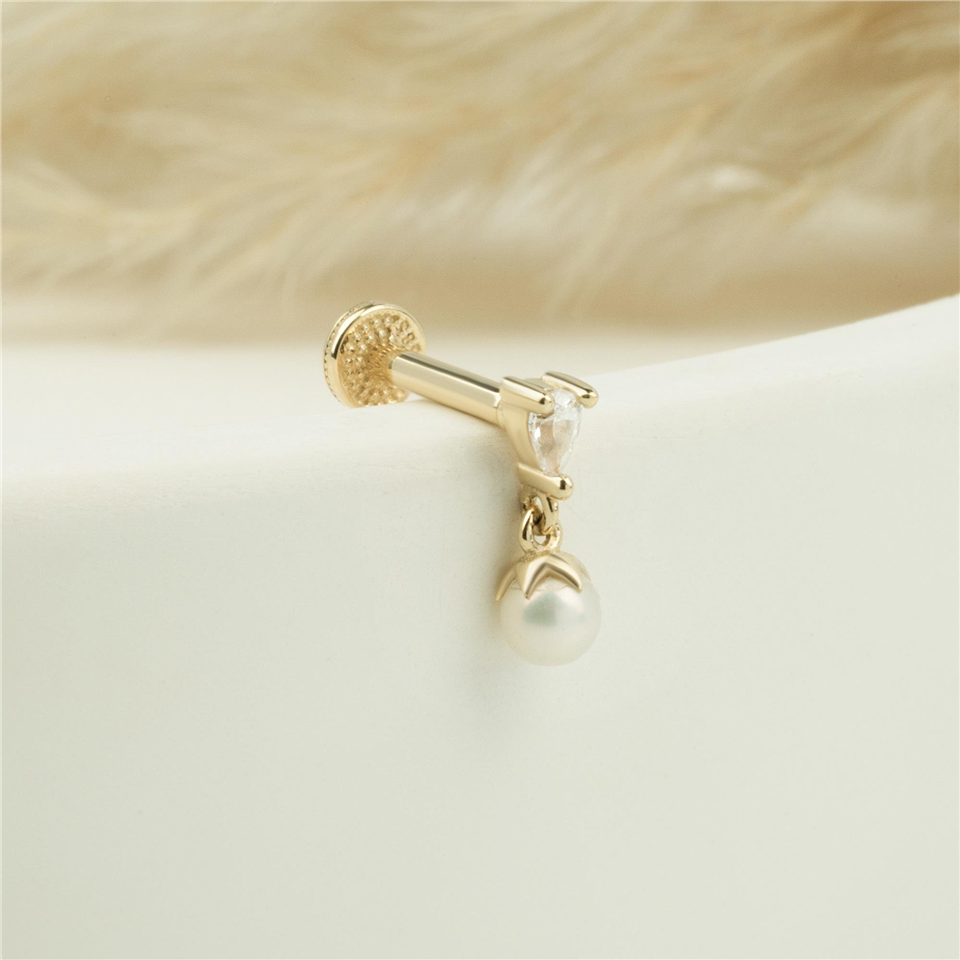 14 Ayar Altın Damla Taşlı İnci Sallantılı Minimal Tragus Piercing - Dianora Piercing Jewelry