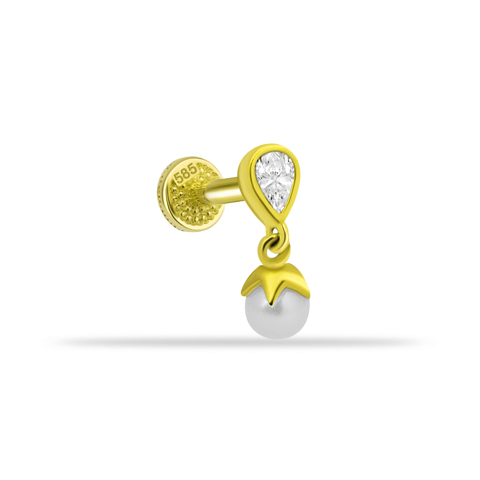 14 Ayar Altın Damla Taşlı İnci Sallantılı Minimal Tragus Piercing - Dianora Piercing Jewelry