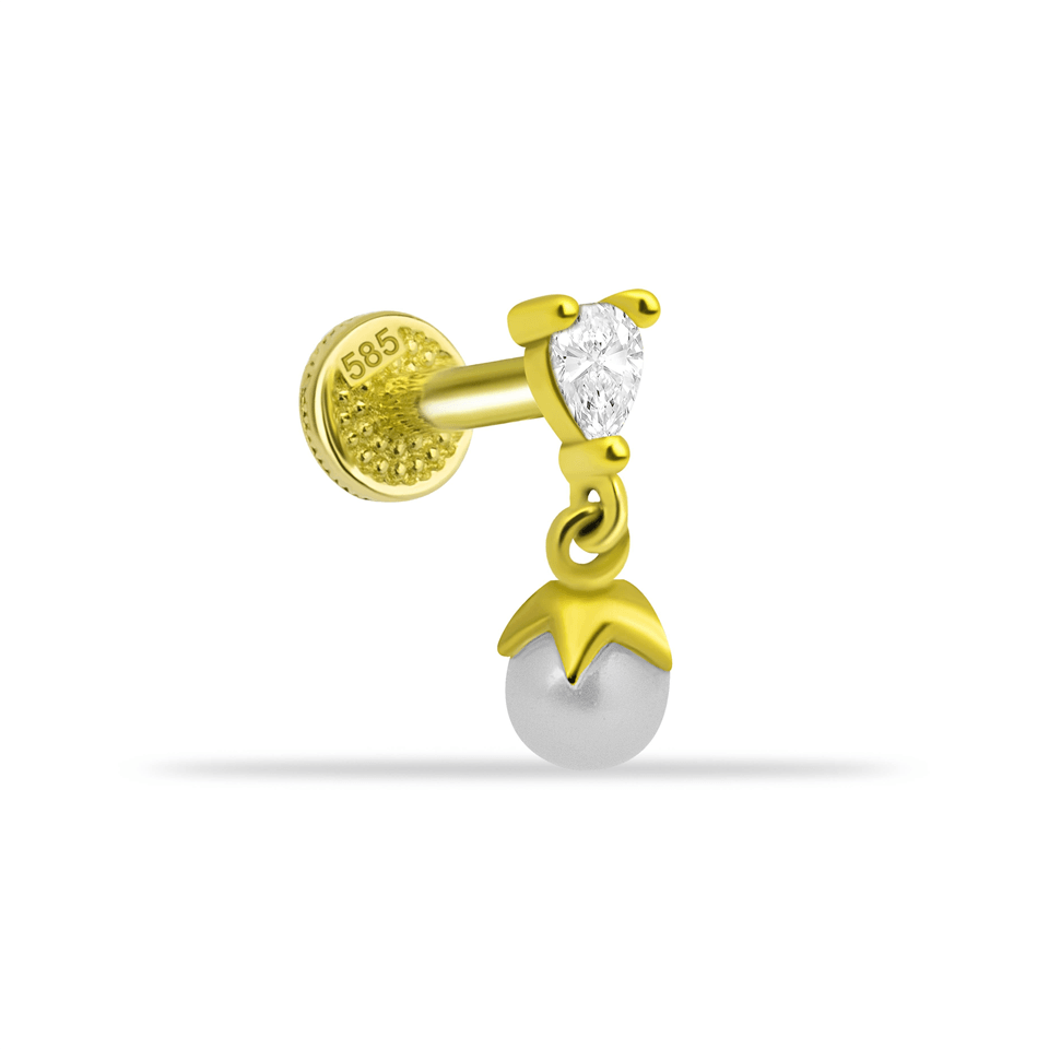14 Ayar Altın Damla Taşlı İnci Sallantılı Minimal Tragus Piercing - Dianora Piercing Jewelry