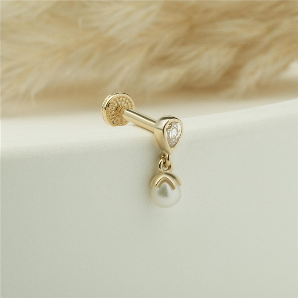 14 Ayar Altın Damla Taşlı İnci Sallantılı Minimal Tragus Piercing - Dianora Piercing Jewelry
