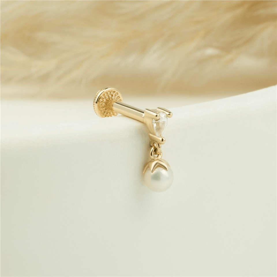 14 Ayar Altın Damla Taşlı İnci Sallantılı Minimal Tragus Piercing - Dianora Piercing Jewelry