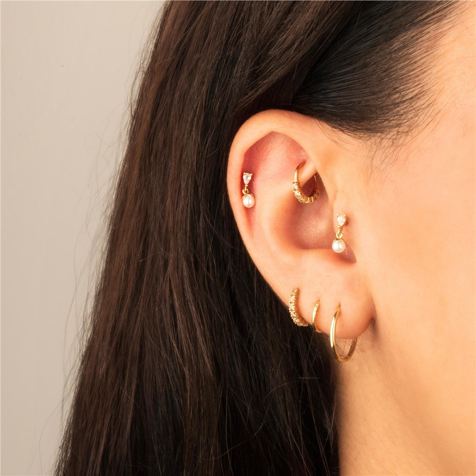 14 Ayar Altın Damla Taşlı İnci Sallantılı Minimal Tragus Piercing - Dianora Piercing Jewelry