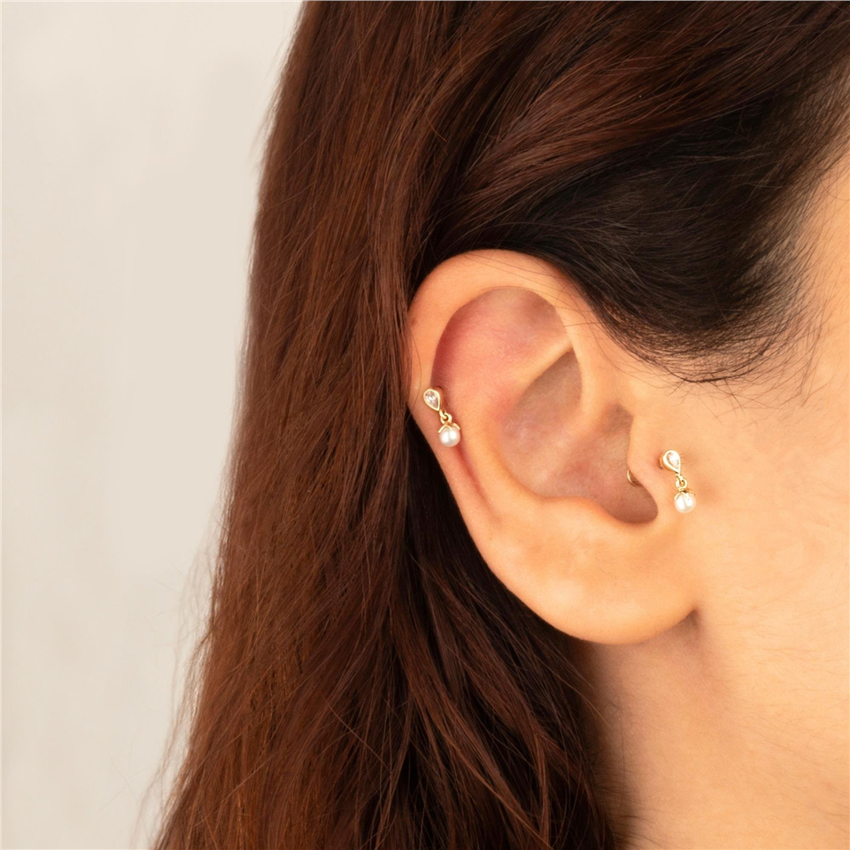 14 Ayar Altın Damla Taşlı İnci Sallantılı Minimal Tragus Piercing - Dianora Piercing Jewelry