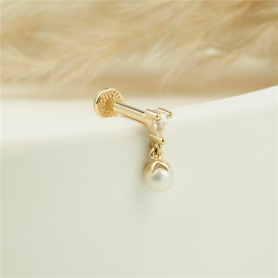 14 Ayar Altın Damla Taşlı İnci Sallantılı Minimal Tragus Piercing - Dianora Piercing Jewelry