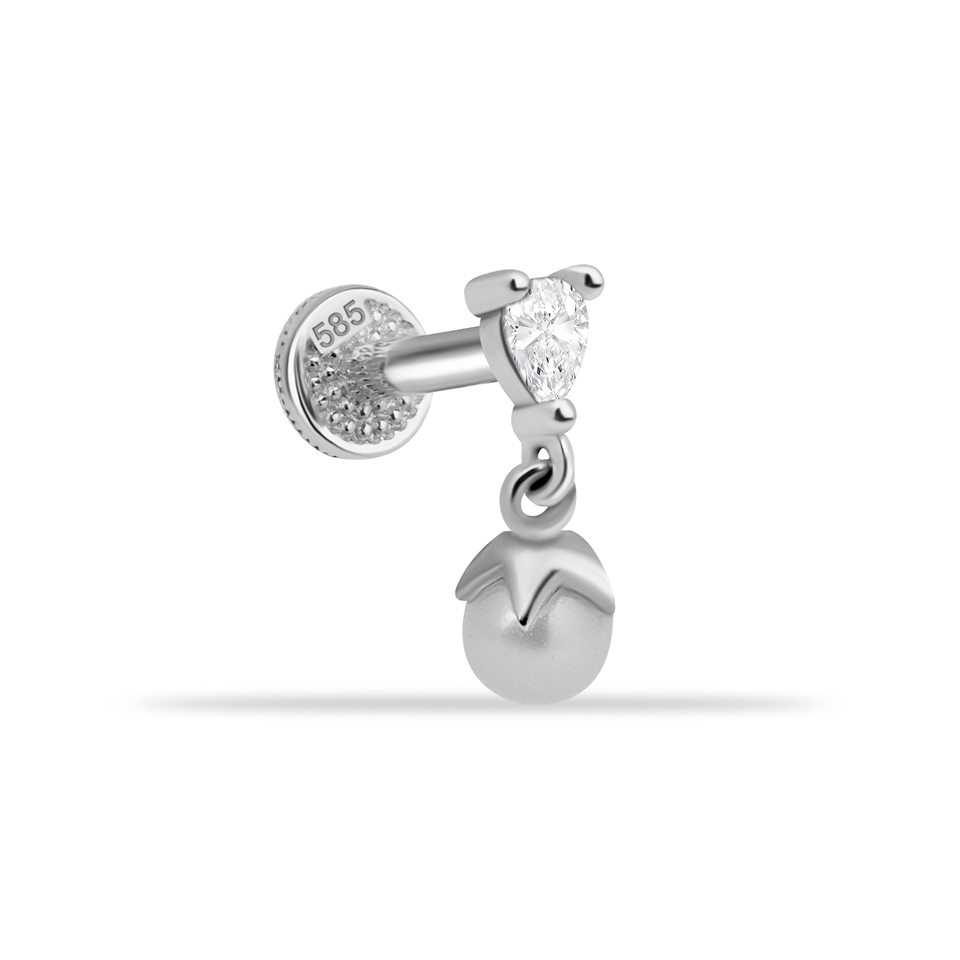 14 Ayar Altın Damla Taşlı İnci Sallantılı Minimal Tragus Piercing - Dianora Piercing Jewelry