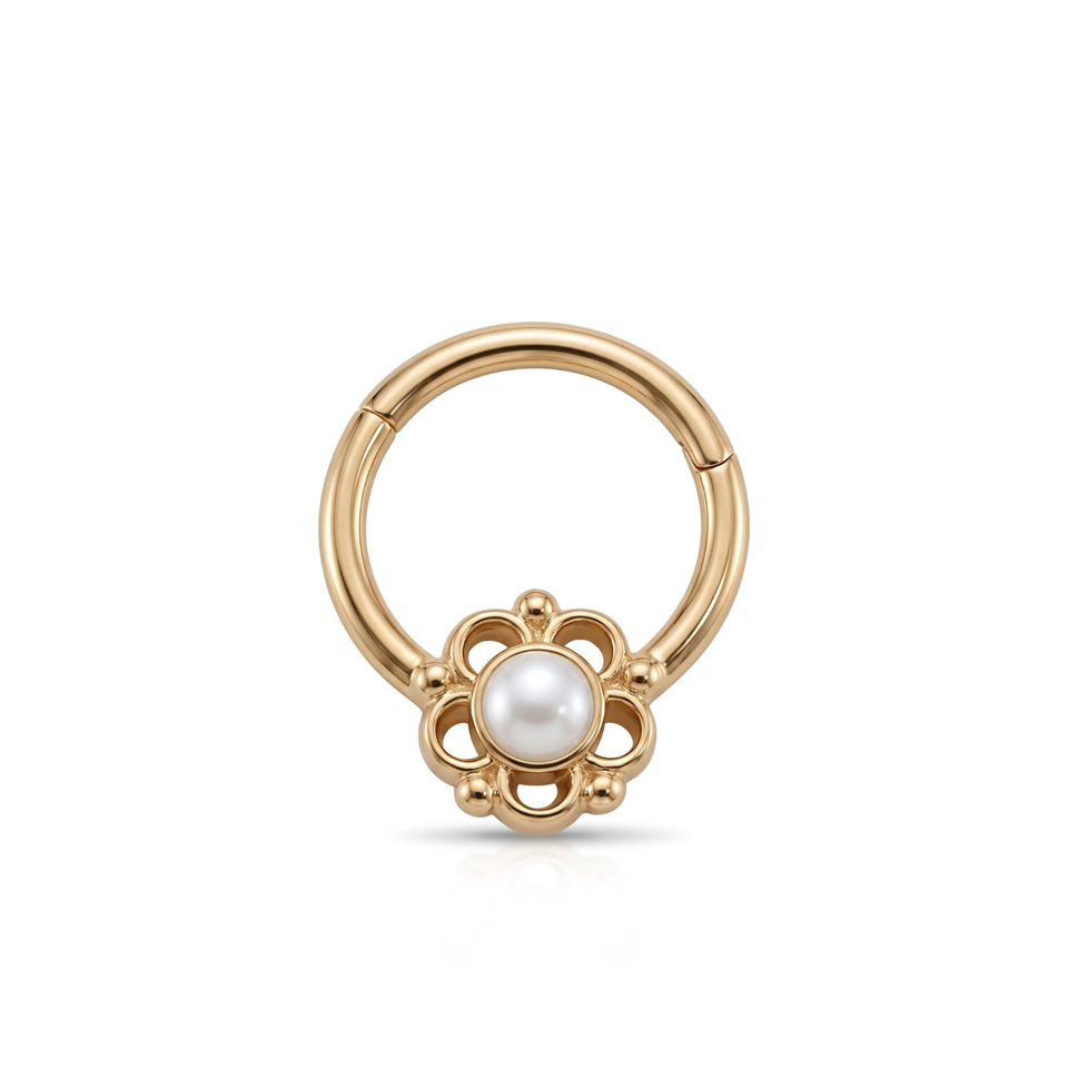 14 Ayar Altın İncili Çiçek Minimal Halka Piercing - Dianora Piercing Jewelry