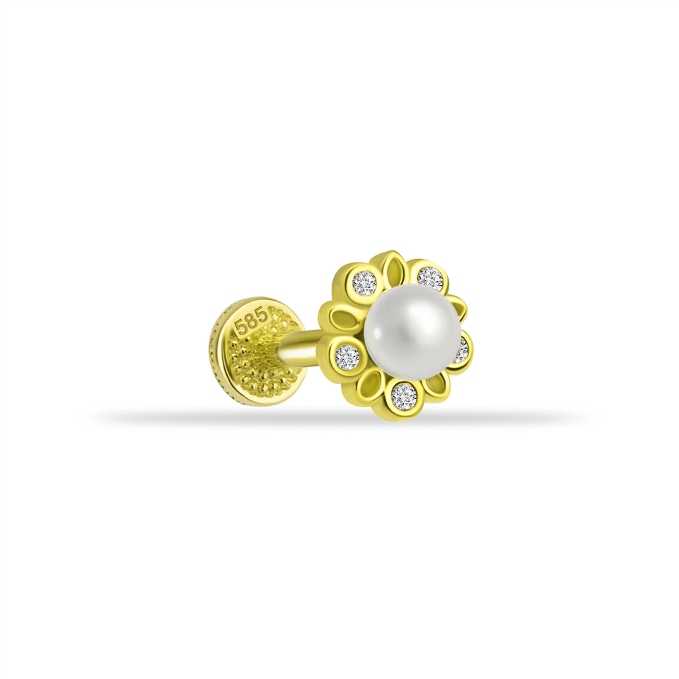 14 Ayar Altın İncili Çiçek Minimal Tragus Piercing - Dianora Piercing Jewelry