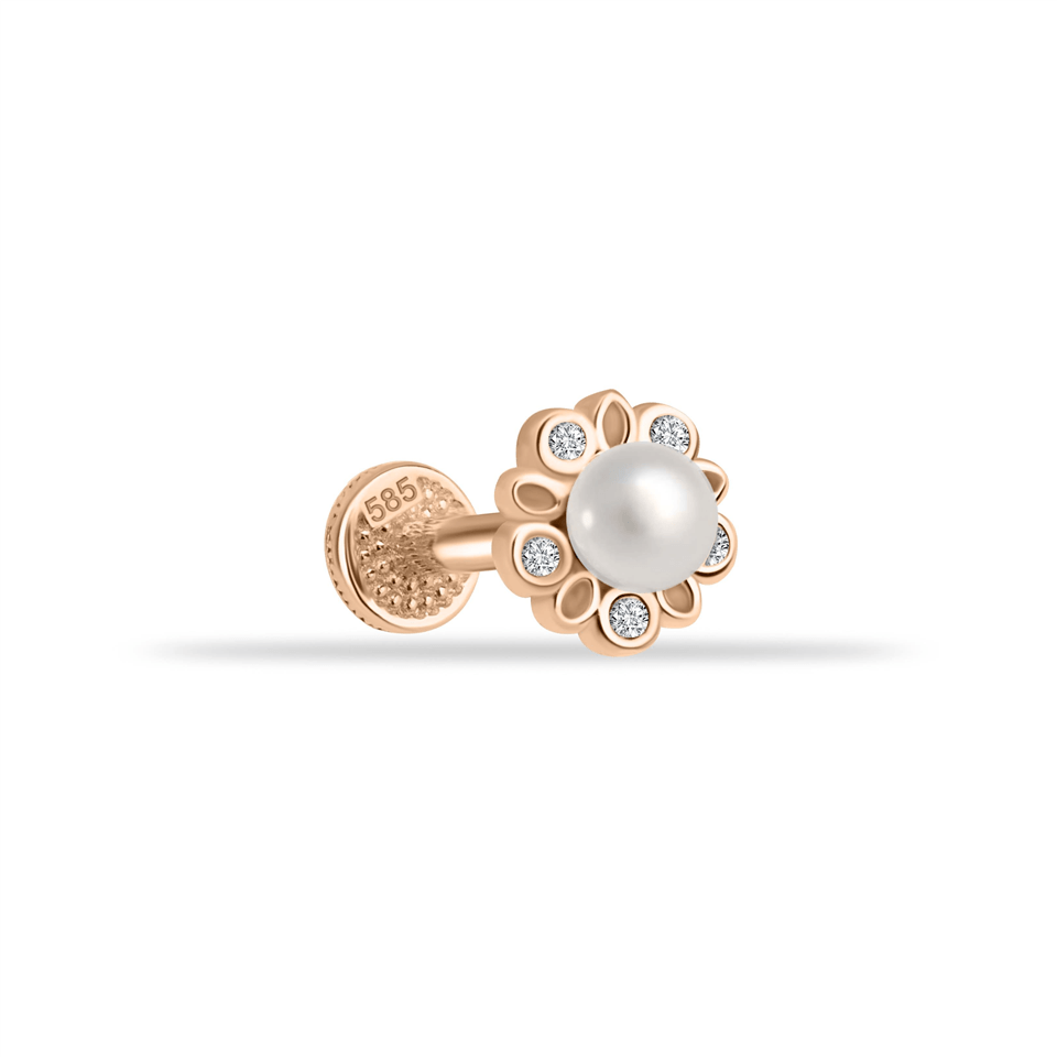 14 Ayar Altın İncili Çiçek Minimal Tragus Piercing - Dianora Piercing Jewelry