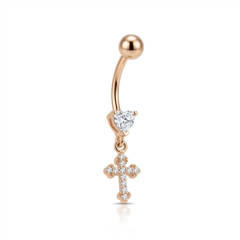 14 Ayar Altın Kalp Taşlı Haç Sallantılı Göbek Piercing - Dianora Piercing Jewelry