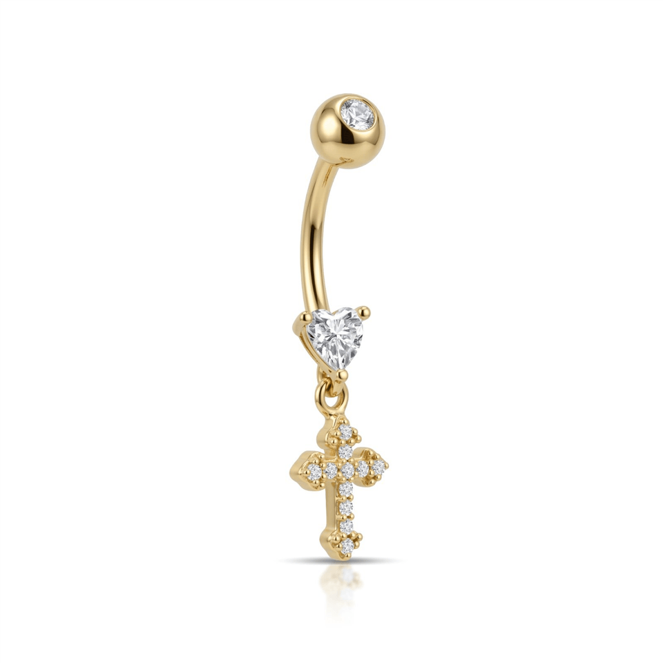 14 Ayar Altın Kalp Taşlı Haç Sallantılı Göbek Piercing - Dianora Piercing Jewelry
