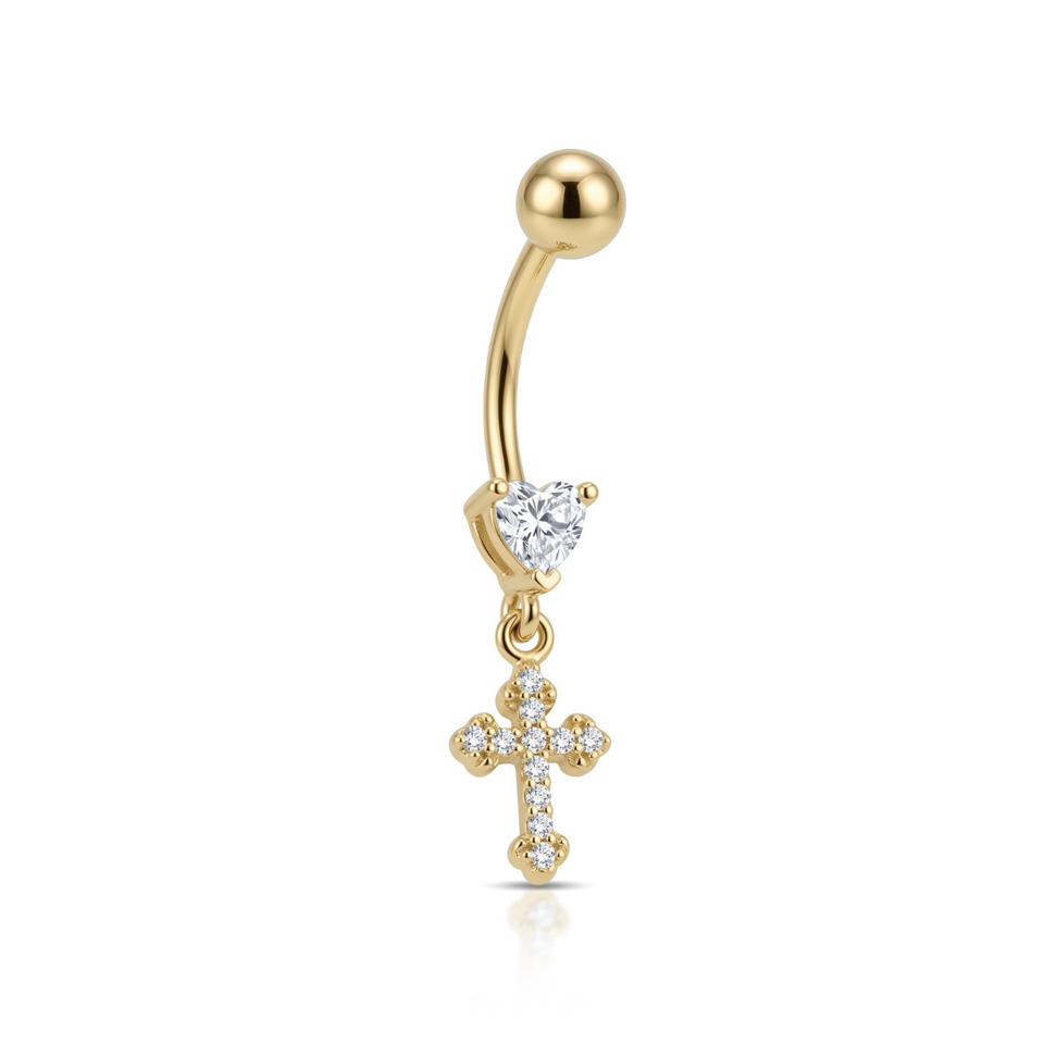 14 Ayar Altın Kalp Taşlı Haç Sallantılı Göbek Piercing - Dianora Piercing Jewelry