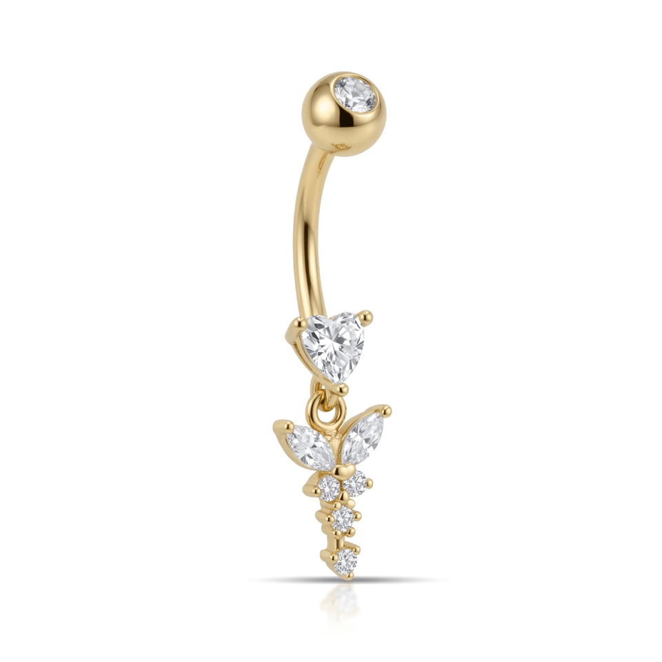 14 Ayar Altın Kalp Taşlı Sallantılı Göbek Piercing - Dianora Piercing Jewelry