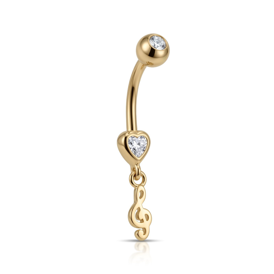 14 Ayar Altın Kalp Taşlı Sol Anahtarı Sallantılı Göbek Piercing  - Dianora Piercing Jewelry