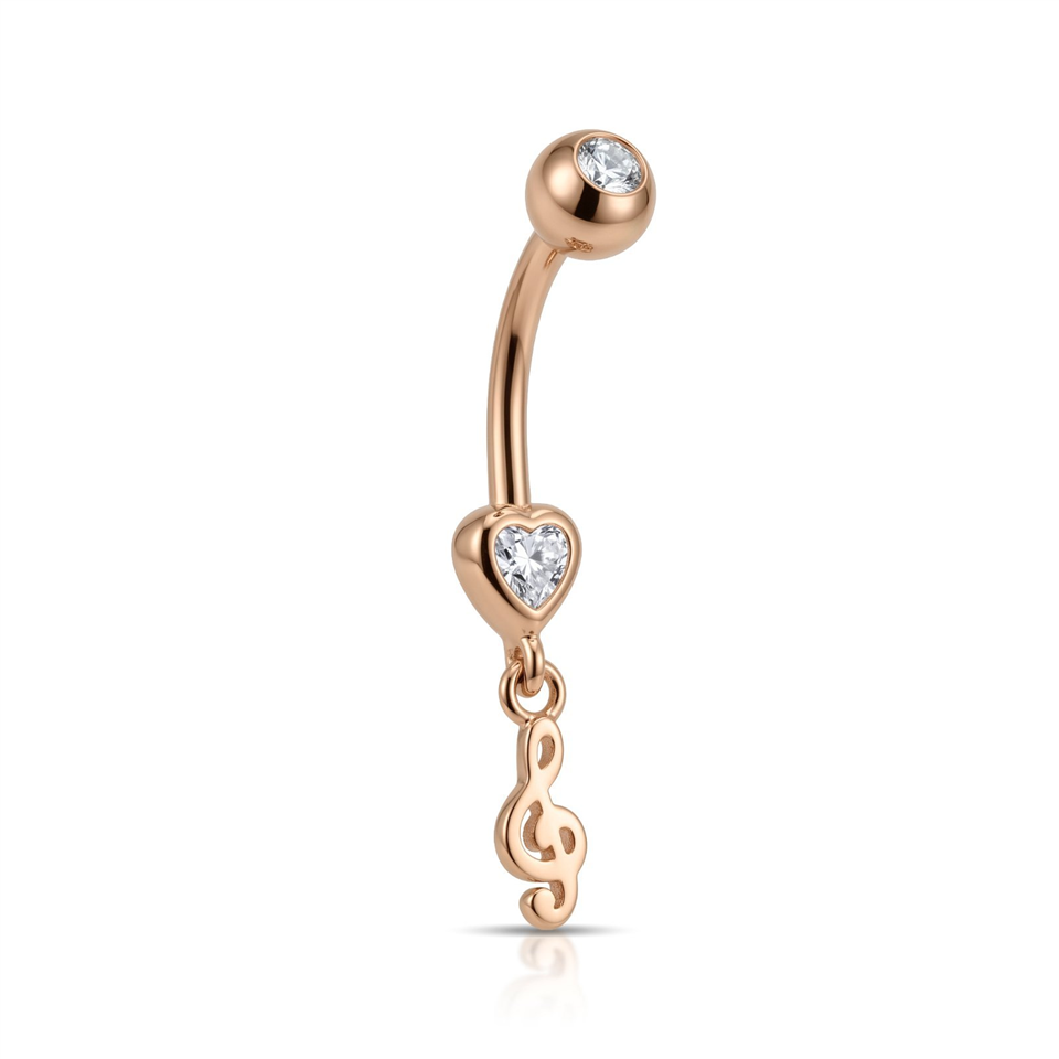 14 Ayar Altın Kalp Taşlı Sol Anahtarı Sallantılı Göbek Piercing  - Dianora Piercing Jewelry